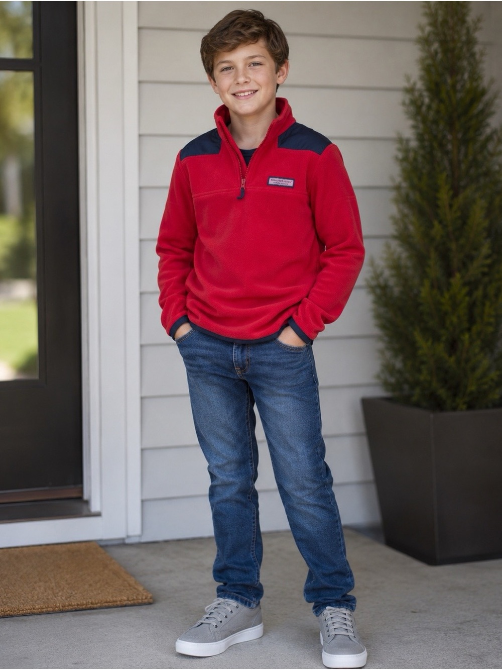 Vineyard Vines Boys L Youth Red Navy Quarter-Zip Pullover Sweatshirt Large